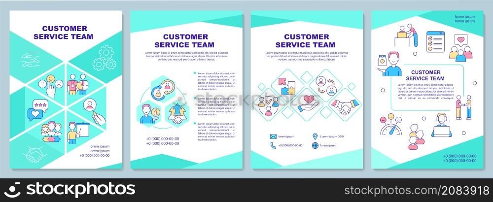 Customer service team brochure template. Satisfied clients. Booklet print design with linear icons. Vector layouts for presentation, annual reports, ads. Arial-Black, Myriad Pro-Regular fonts used. Customer service team brochure template