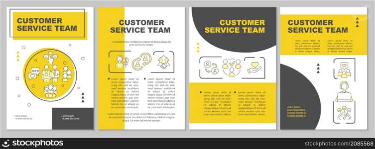 Customer service team yellow brochure template. Booklet print design with linear icons. Vector layouts for presentation, annual reports, ads. Arial-Black, Myriad Pro-Regular fonts used. Customer service team yellow brochure template
