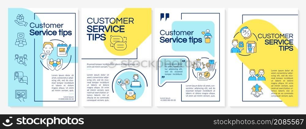 Customer service tips blue and yellow brochure template. Booklet print design with linear icons. Vector layouts for presentation, annual reports, ads. Questrial-Regular, Lato-Regular fonts used. Customer service tips blue and yellow brochure template