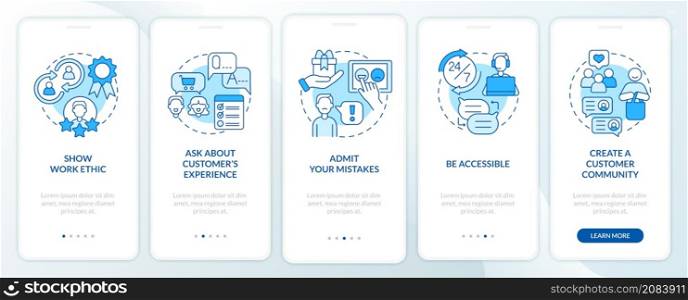 Customer service tips blue onboarding mobile app screen. Support ethic walkthrough 5 steps graphic instructions pages with linear concepts. UI, UX, GUI template. Myriad Pro-Bold, Regular fonts used. Customer service tips blue onboarding mobile app screen