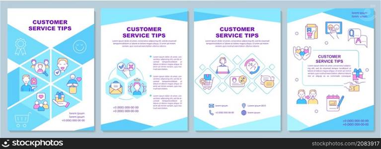 Customer service tips brochure template. Rules and principles. Booklet print design with linear icons. Vector layouts for presentation, annual reports, ads. Arial-Black, Myriad Pro-Regular fonts used. Customer service tips brochure template