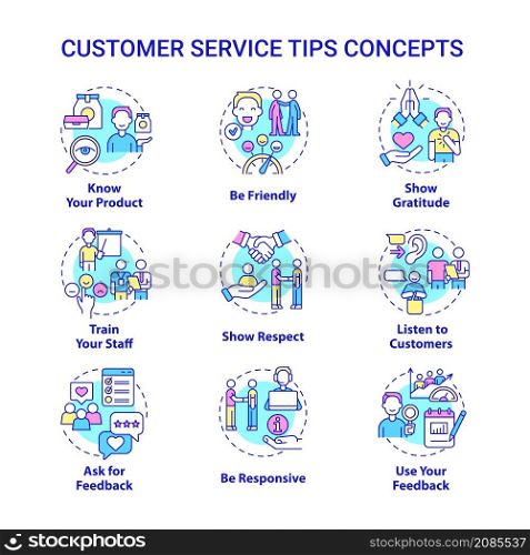 Customer service tips concept icons set. Marketing and commerce idea thin line color illustrations. Isolated outline drawings. Editable stroke. Roboto-Medium, Myriad Pro-Bold fonts used. Customer service tips concept icons set