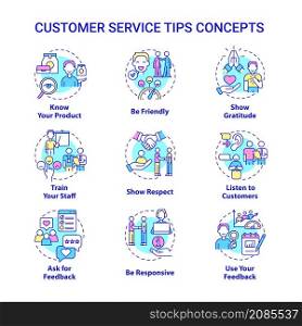 Customer service tips concept icons set. Marketing and commerce idea thin line color illustrations. Isolated outline drawings. Editable stroke. Roboto-Medium, Myriad Pro-Bold fonts used. Customer service tips concept icons set
