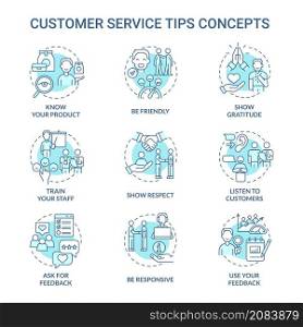 Customer service tips turquoise concept icons set. Marketing and commerce idea thin line color illustrations. Isolated outline drawings. Editable stroke. Roboto-Medium, Myriad Pro-Bold fonts used. Customer service tips turquoise concept icons set