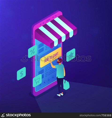 Customer shopping with mobile phone and add to cart note. Internet shop, e-commerce and online marketing, online purchase website concept. Blue violet background. Vector 3d isometric illustration.. Isometric mobile shopping illustration.