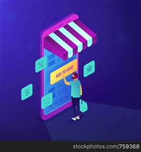 Customer shopping with mobile phone and add to cart note. Internet shop, e-commerce and online marketing, online purchase website concept. Blue violet background. Vector 3d isometric illustration.. Isometric mobile shopping illustration.