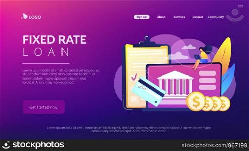 Customer sitting with laptop and bank with credit card and financial savings. Personal bank account, savings bank deposit, fixed rate loan concept. Website vibrant violet landing web page template.. Bank account concept landing page.