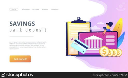 Customer sitting with laptop and bank with credit card and financial savings. Personal bank account, savings bank deposit, fixed rate loan concept. Website vibrant violet landing web page template.. Bank account concept landing page.