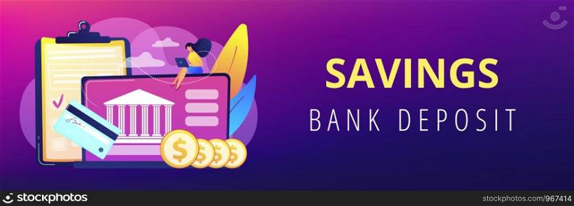 Customer sitting with laptop and bank with credit card and financial savings. Personal bank account, savings bank deposit, fixed rate loan concept. Header or footer banner template with copy space.. Bank account concept banner header.