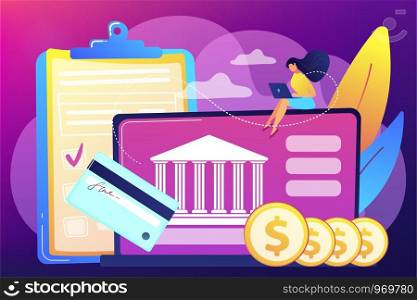Customer sitting with laptop and bank with credit card and financial savings. Personal bank account, savings bank deposit, fixed rate loan concept. Bright vibrant violet vector isolated illustration. Bank account concept vector illustration.