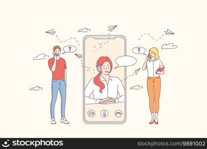 Customer support and online support call center concept. Young people cartoon characters talking with customer support operator representative online on smartphone vector illustration . Customer support and online support call center concept