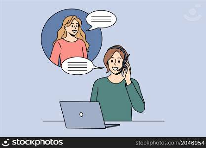 Customer support and service concept. Smiling woman in headphones and laptop sitting working helping female client communicating talking about problem vector illustration . Customer support and service concept