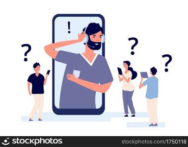 Customer support app. Professionals help client with smartphone. Telemarketing communications vector illustration. Customer support service, online app help, contact assistance. Customer support app. Professionals help client with smartphone. Telemarketing communications vector illustration