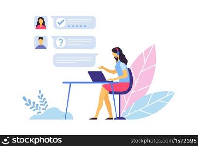 Customer support. Call center operator sitting at desk with laptop and communication with clients in chat. Woman agent answering questions and requests, providing assistance vector illustration. Customer support. Call center operator sitting at desk with laptop and communication with clients in chat