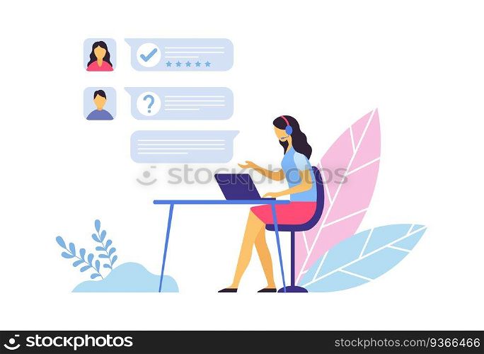 Customer support. Call center operator sitting at desk with laptop and communication with clients in chat. Woman agent answering questions and requests, providing assistance vector illustration. Customer support. Call center operator sitting at desk with laptop and communication with clients in chat