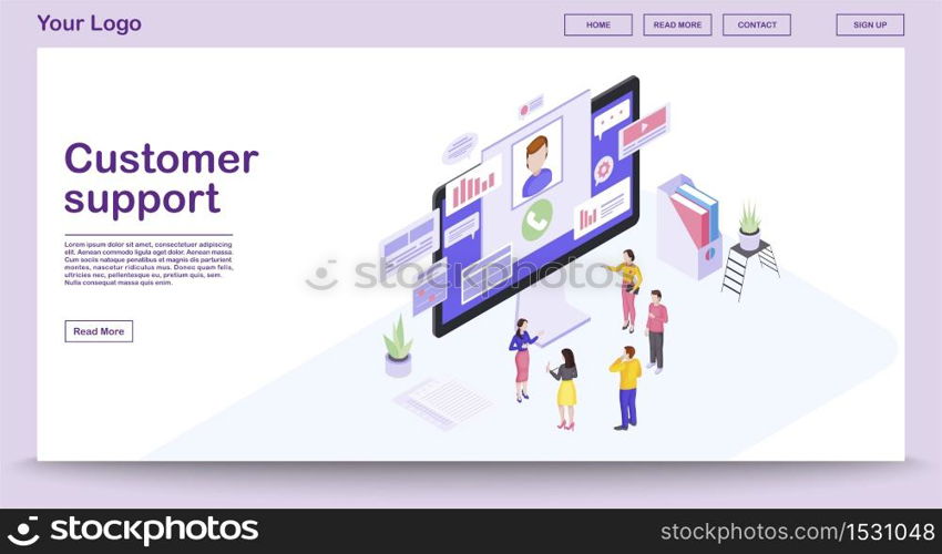 Customer support center webpage vector template with isometric illustration. Client online service. Website interface design. Call center, customer assistance 3d concept. Technical support clipart. Customer support center webpage vector template with isometric illustration