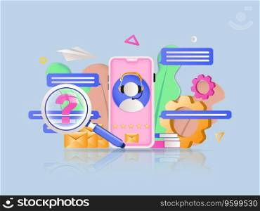 Customer support concept 3D illustration. Icon composition with smartphone with assistant in headset on screen, online consultation and problem solving. Vector illustration for modern web design