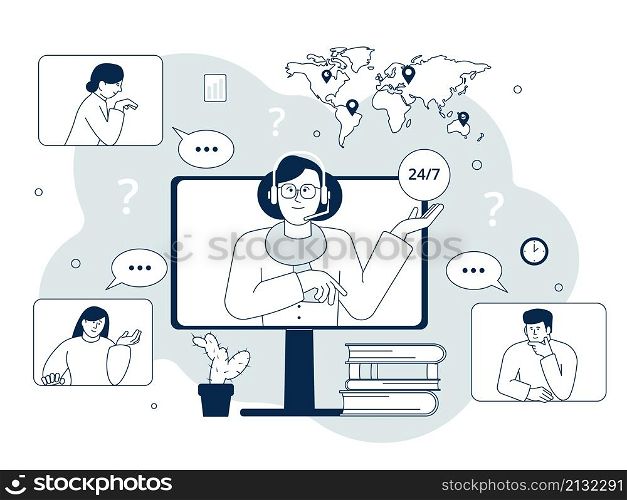 Customer support concept. Client call phone, operator in headphone. Global helping service, online assistance. Virtual supportive assist recent vector scene. Illustration of phone support service. Customer support concept. Client call phone, operator in headphone. Global helping service, online assistance. Virtual supportive assist recent vector scene