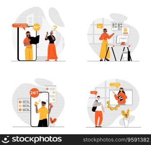 Customer support concept with character set. Collection of scenes people in headset consulting clients and solving tech problems via calls and online chats. Vector illustrations in flat web design