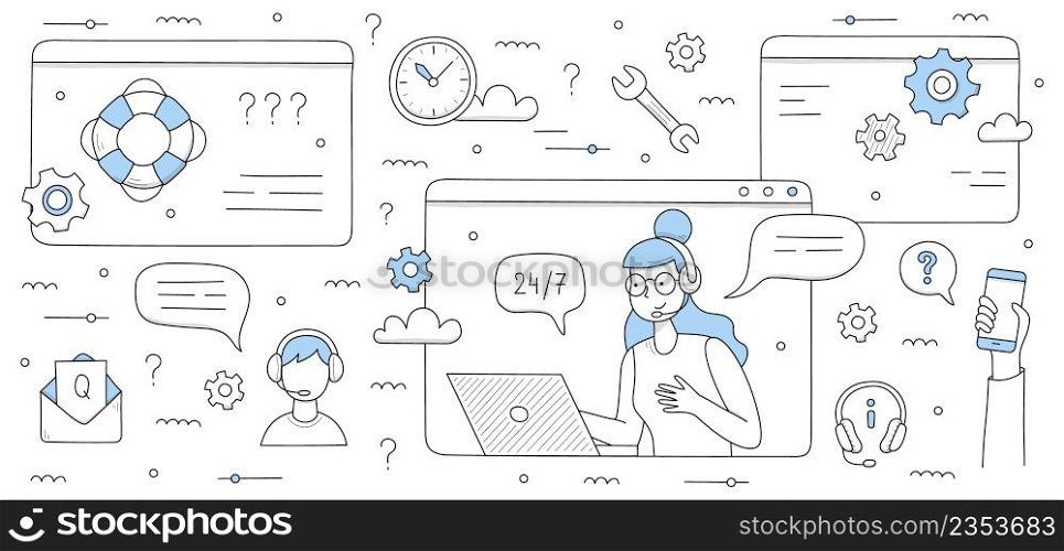 Customer support doodle concept with call center hotline operator communicate with customers via internet, technical clients assistance, information and faq services, Line art vector illustration. Customer support doodle concept, helpdesk operator