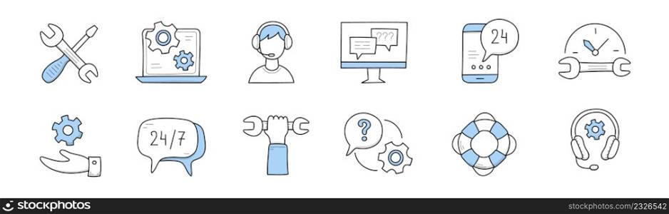 Customer support doodle icons crossed wrench and screwdriver, laptop with gears on screen, operator in headset, smartphone and pc with speech bubbles, life buoy, hand, Line art vector illustration. Customer support doodle icons, helpdesk service