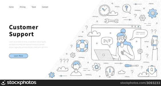 Customer support, help service, call center banner. Vector landing page with doodle illustration of hotline with girl operator in headset with laptop, message with question, lifebuoy and phone. Customer support, help service, call center banner