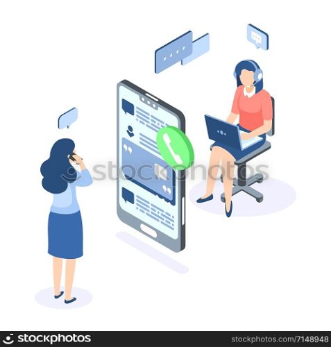Customer support isometric concept. Call center help web banner. Online service help assistance. Vector illustration supporting chat with client and provides client action guidance. Customer support isometric concept. Call center help web banner. Online service help assistance. Vector illustration