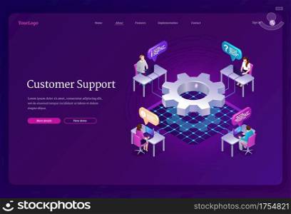 Customer support isometric landing page. Hotline operators help line service, call center receptionists or telemarketers with headset and pc working on assist clients online, 3d vector web banner. Customer support isometric landing hotline service