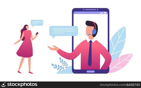 Customer support. Man providing help to female client via smartphone. Male person in headset talking on mobile phone and assisting girl. Agent consulting online via chat messages vector. Customer support. Man providing help to female client via smartphone. Male person in headset talking on mobile phone