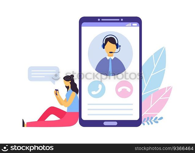 Customer support. Person advisor and helpful advice services. Woman sitting next to big smartphone and chatting with personal client assistant. Screen with operator in headset vector illustration. Customer support. Person advisor and helpful advice services. Woman sitting next to big smartphone and chat