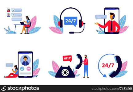 Customer support. Personal assistant service, person advisor and helpful advice services. Social media network services, online supporter agents. Isolated flat vector illustration icons set. Customer support. Personal assistant service, person advisor and helpful advice services flat vector illustration set