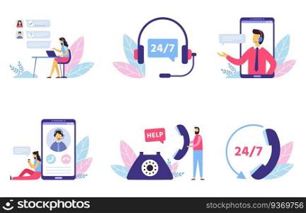 Customer support. Personal assistant service, person advisor and helpful advice services. Social media≠twork services, onli≠supporter a≥nts. Isolated flat vector illustration icons set. Customer support. Personal assistant service, person advisor and helpful advice services flat vector illustration set