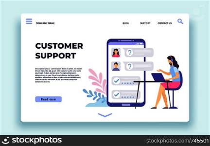 Customer support. Personal assistant, technical support operator help clients in chat on smartphone screen landing page. Hotline feedback, chatting assistance girl help vector illustration. Customer support. Personal assistant, technical support operator help clients in chat on smartphone screen landing page vector illustration