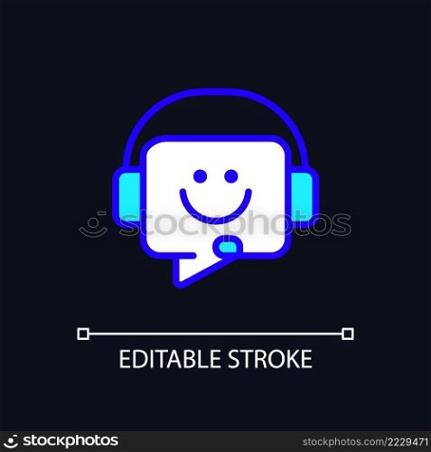 Customer support pixel perfect RGB color icon for dark theme. Help desk. Client assistance. Online shopping. Simple filled line drawing on night mode background. Editable stroke. Arial font used. Customer support pixel perfect RGB color icon for dark theme