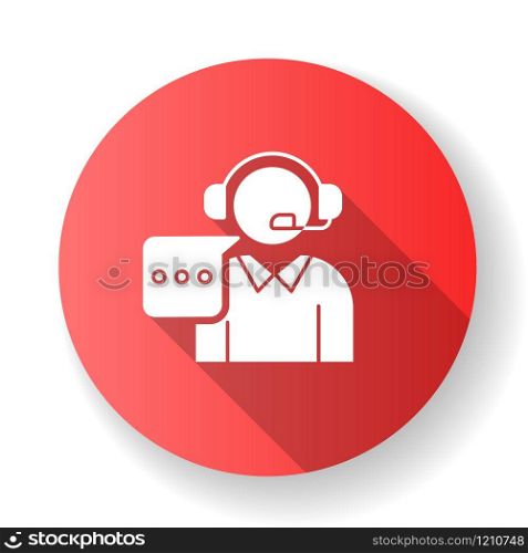 Customer support red flat design long shadow glyph icon. Call, contact center. Telephone consultant. Phone operator. Online technical service. Helpline. Consultation. Silhouette RGB color illustration