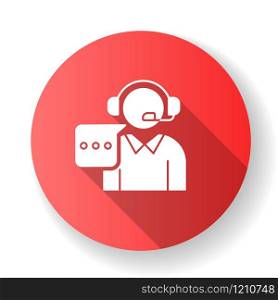 Customer support red flat design long shadow glyph icon. Call, contact center. Telephone consultant. Phone operator. Online technical service. Helpline. Consultation. Silhouette RGB color illustration