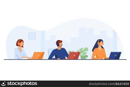 Customer support representatives working in call center. People in headset working at laptop in office flat vector illustration. Support service concept for banner, website design or landing web page