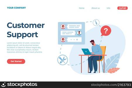 Customer support service, assistant to client landing page. Vector service support for customer, help call and assistant center illustration. Customer support service, assistant to client landing page