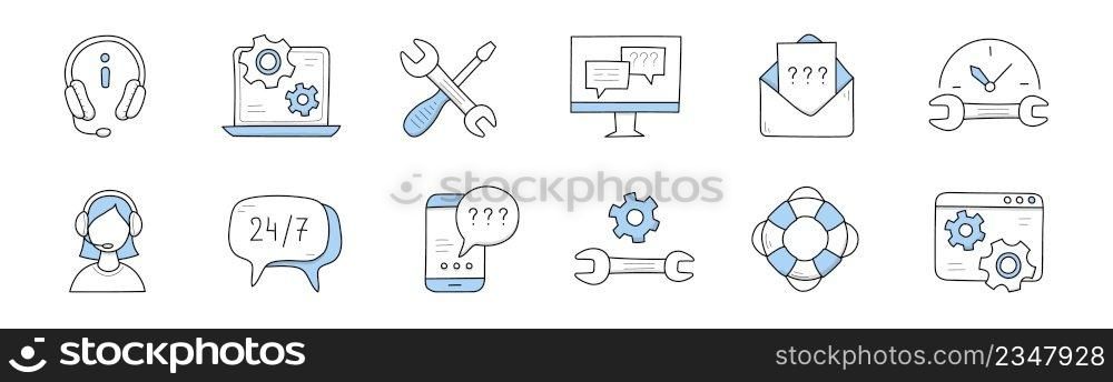 Customer support service, call center icons. Vector doodle set of contact center and hotline symbols with operator in headset, laptop with information manual, mobile phone, technical tools. Customer support service, call center icons