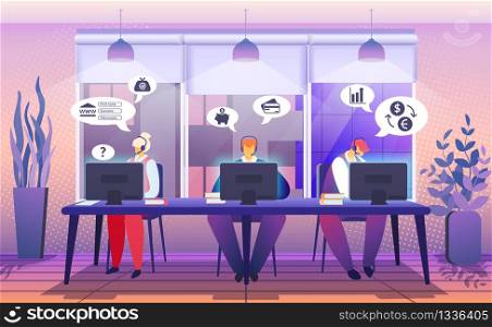 Customer Support Service. Consultants on Hotline Chat with Clients, Telemarketers. Call Center Answer Infographic. Male and Female Technical Professional Receptionist. Cartoon Flat Vector Illustration. Customer Support Service. Consultant Hotline Chat
