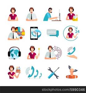 Customer Support Service Flat Icons Set. Customer support worldwide service flat icons set with helpdesk operator and technical assistance abstract isolated vector illustration