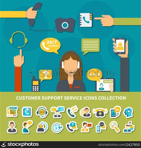 Customer support service icons collection with operator of call center during consultation, helpdesk online isolated vector illustration . Customer Support Service Icons Collection
