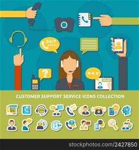 Customer support service icons collection with operator of call center during consultation, helpdesk online isolated vector illustration . Customer Support Service Icons Collection