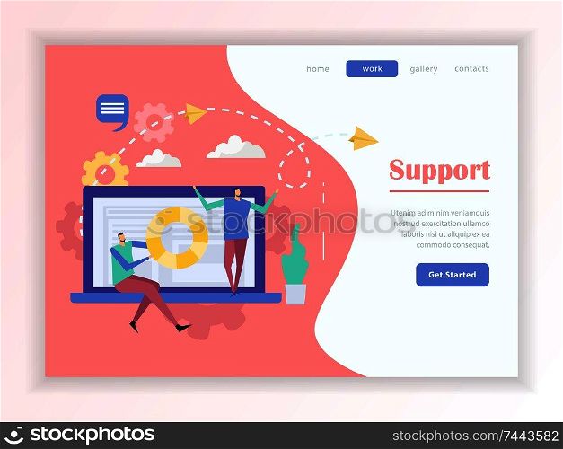 Customer support service online help web landing page with buttons menu on colorful background flat vector illustration. Customer Support Service Landing Page