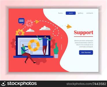 Customer support service online help web landing page with buttons menu on colorful background flat vector illustration. Customer Support Service Landing Page