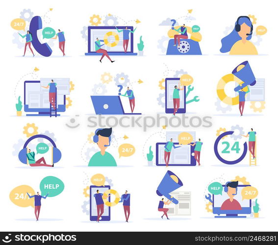 Customer support set of flat icons with operators of call center and communication devices isolated vector illustration. Customer Support Flat Icons