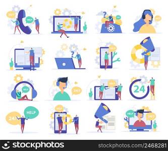 Customer support set of flat icons with operators of call center and communication devices isolated vector illustration. Customer Support Flat Icons