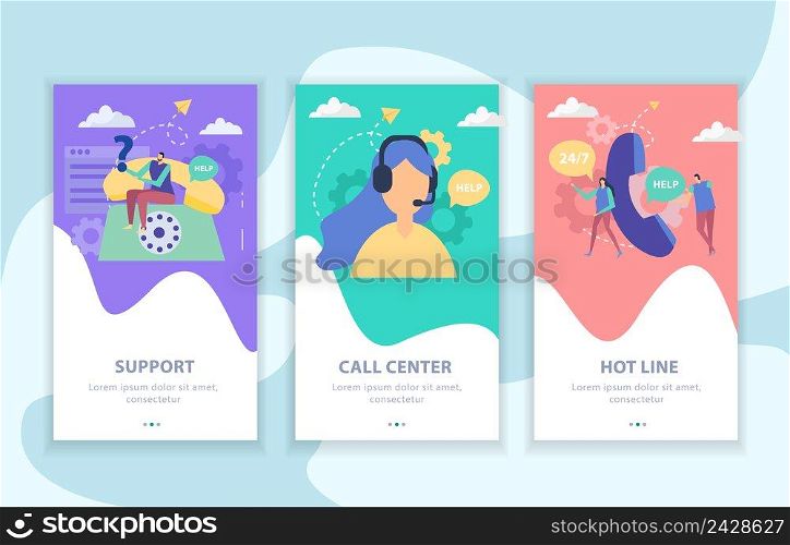 Customer support set of vertical flat banners call center and hot line isolated vector illustration. Customer Support Flat Banners