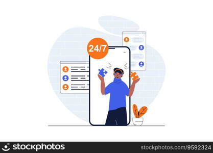 Customer support web concept with character scene. Man finds solutions and consults clients a mobile app. People situation in flat design. Vector illustration for social media marketing material.