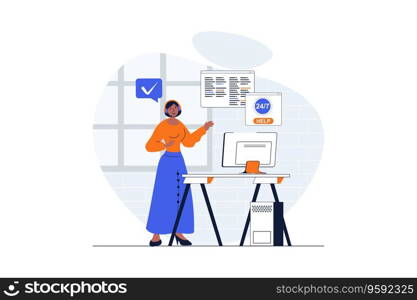 Customer support web concept with character scene. Woman advising clients and answering calls and messages. People situation in flat design. Vector illustration for social media marketing material.